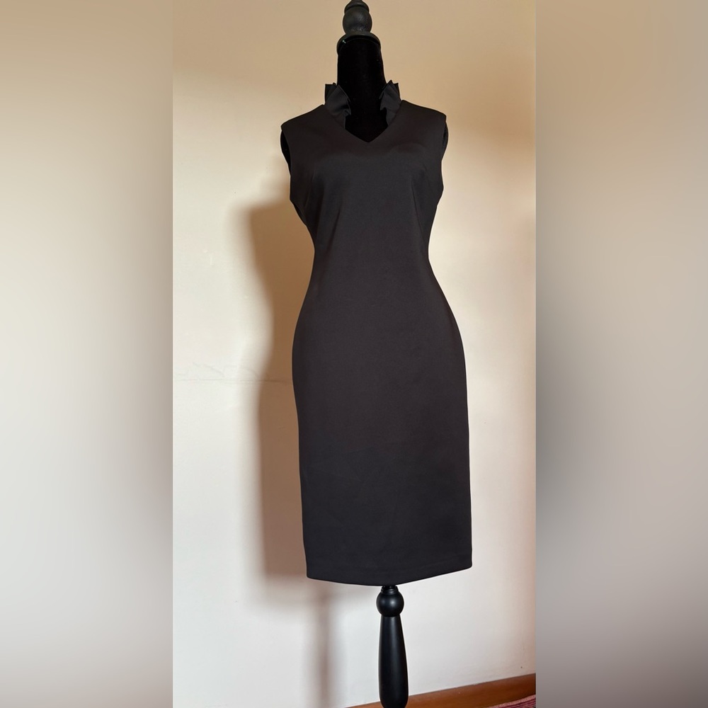 Calvin Klein Black  sleeveless Midi Dress V-Neck with ruffles NWOT
